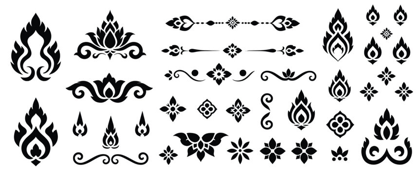 Thai decoration elements design collection featuring traditional patterns, lotus ornaments, floral symbols, elegant borders, corner motifs, and cultural decorative assets