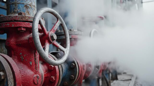 Closeup of a rusty red industrial valve with a handwheel, releasing steam from a pipe system, 4k