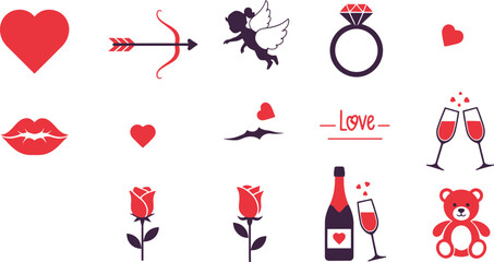 A collection of valentine s day themed icons and romantic symbols in red and white