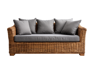 Wicker sofa with grey cushions and pillows on black background couch furniture