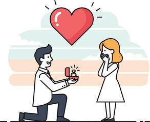 A romantic proposal scene man kneeling offering a ring to a surprised woman