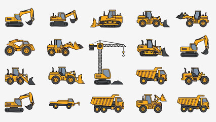 Construction Vehicles Set Excavator Bulldozer Crane Truck Loader Icons.