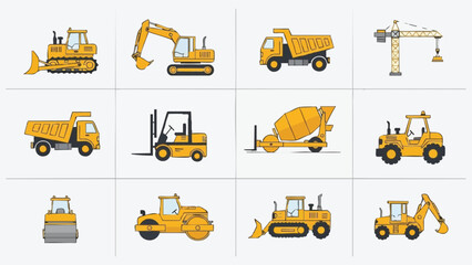 Construction Vehicles Icons Set Bulldozer Excavator Crane Truck.