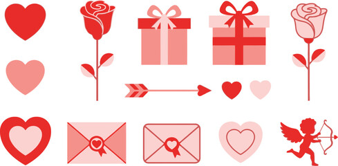 Valentine s day themed icons featuring roses hearts gifts and cupid s arrows