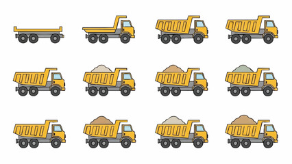 yellow dump trucks set with sand and gravel.