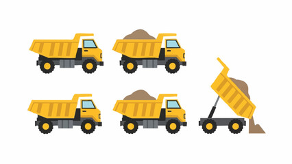 Yellow dump trucks unloading sand on white background.
