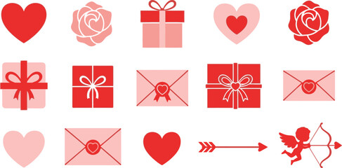 Valentine s day elements hearts roses gifts and romantic symbols collection