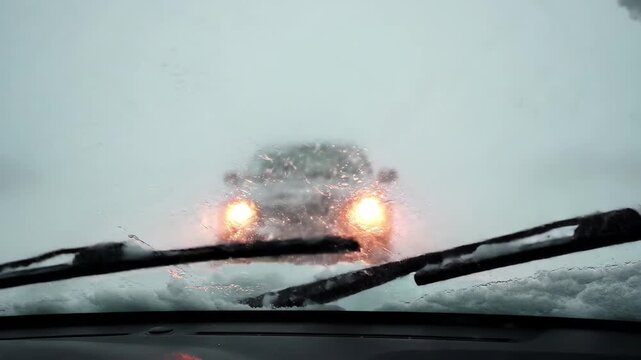 View from car windshield during heavy snow, approaching another vehicle with bright headlights, 4k