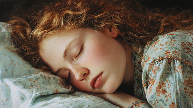 A serene portrait of a sleeping person with auburn hair on a pillow. The image captures a moment of tranquil repose and peaceful slumber