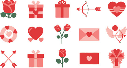 A collection of romantic red elements roses hearts gifts and cupid s arrow