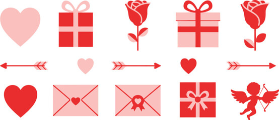 Collection of valentine s day icons featuring hearts roses and cupid s arrows