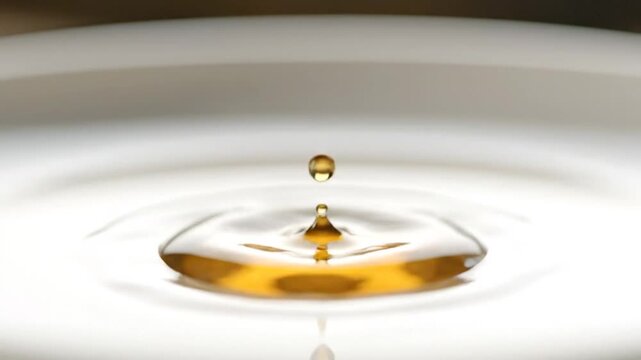 Golden liquid drop forming a crown splash on a white surface