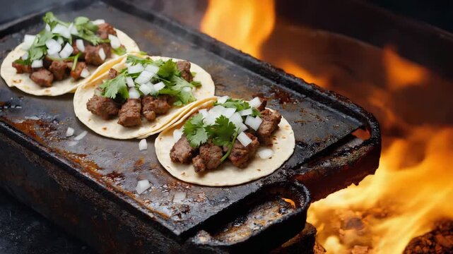 Delicious beef tacos cooking on a hot griddle with fresh cilantro and onions over an open flame