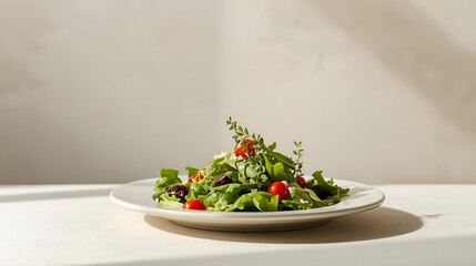 A Fresh and Vibrant Salad on a White Plate, Bathed in Soft Sunlight, Showcasing Healthy Eating and Culinary Delights.
