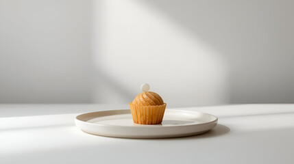 A Single, Exquisitely Decorated Cupcake on a Minimalist Plate, Bathed in Soft Sunlight, Evoking a Sense of Calm and Simple Elegance
