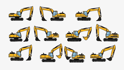 Yellow Excavators Set Construction Machinery Collection.