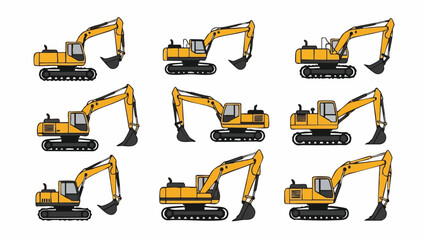 Yellow Excavators Set Heavy Machinery Construction Equipment.