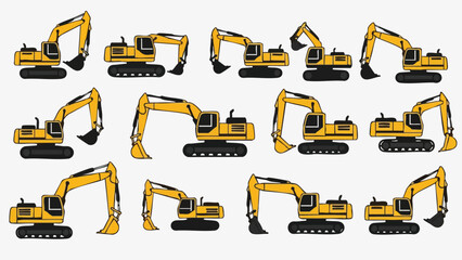 Yellow Excavator Machine Set Construction Equipment Poses.