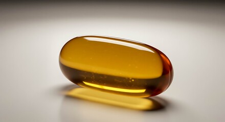 Close up of a single translucent amber colored capsule with liquid inside on a reflective surface pill