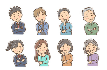 首をかしげて考え事をしている人物／セット