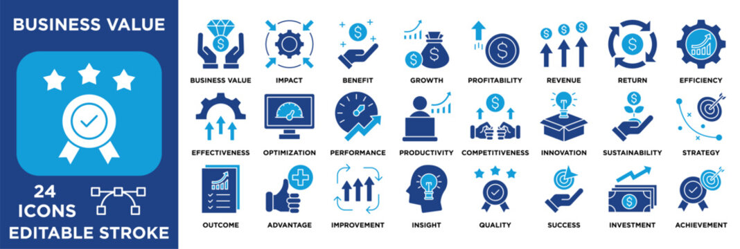 Business value icon set editable for corporate strategy featuring growth, profitability, performance, productivity, innovation, investment, and success. glyph blue vector 