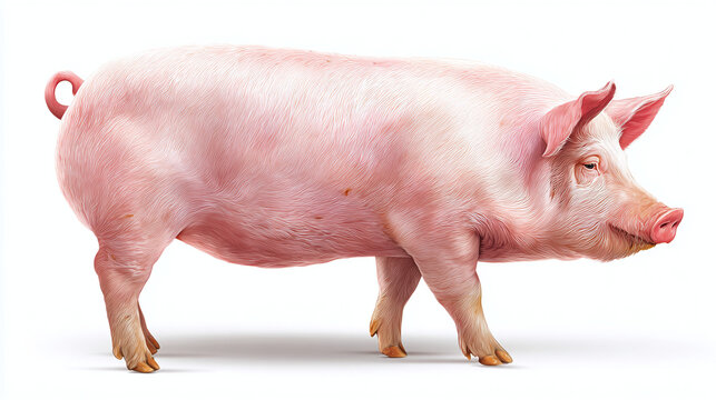 A full body shot of a pink pig with all four legs visible. It has a curled tail and small ears.