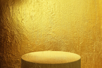 Golden Product Display Podium on a Shiny Gold Textured Background.