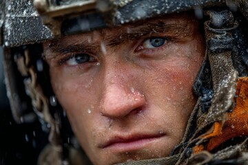 Young male soldier with intense gaze, wearing military helmet and gear, amidst falling rain, showcasing resilience and determination in challenging conditions