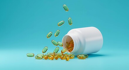 Gel Capsules Pouring Out of a White Bottle on a Teal Background pills supplements