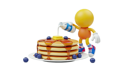 Cartoon Character Pouring Milk on Pancakes with Blueberries
