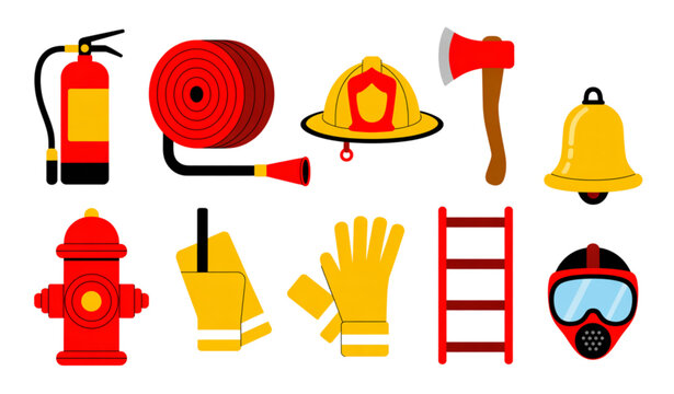 Fire fighting tools and safety equipment flat cartoon illustration set