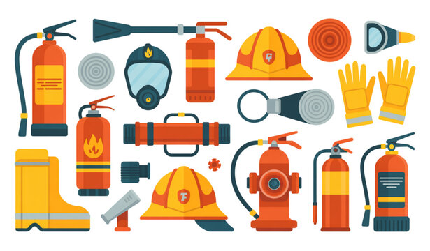 Fire safety equipment flat cartoon vector set with firefighter tools isolated