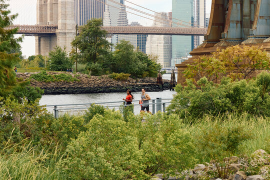 Athletes running in the park by the river