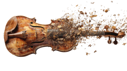 Vintage violin disintegrating into pieces, representing decay, loss, and the end of music, on transparent background