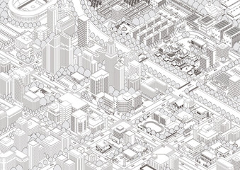 街並みの立体図. 都市の景観. アイソメ図で描いた都市.