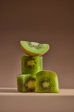 Cubed kiwi fruit slices artfully stacked