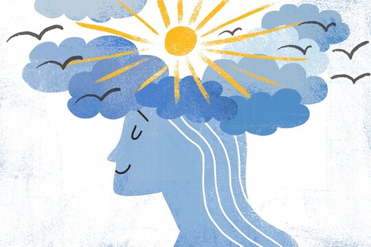 Woman Smiling With Sun and Clouds
