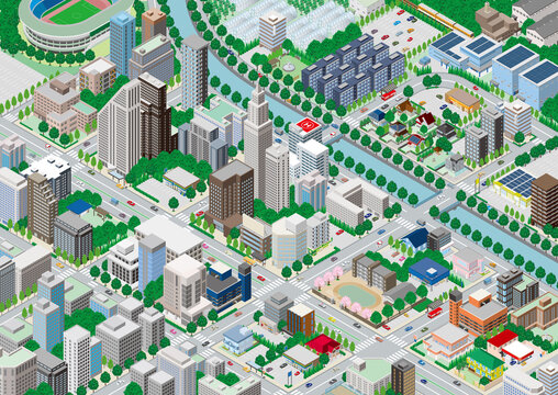 街並みの立体図. 都市の景観. アイソメ図で描いた都市.