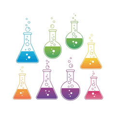 Fototapeta premium Colorful Chemistry Flasks with Bubbles and Liquid - Science & Research Icons