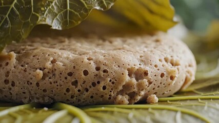 Close up view of a traditional steamed cake or bread with a unique porous texture beautifully presented on fresh green leaves showcasing authentic culinary artistry and a rustic natural aesthetic.