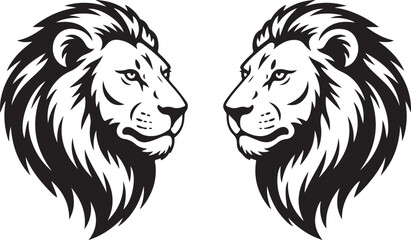 Lion heads facing each other in black and white illustration