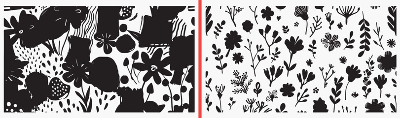 botanical floral illustration, wildflower plant sketches, hand drawn leaves and flowers, nature botanical vector, floral clipart pack, decorative plant elements, botanical illustration set, floral gra © Geetaroy