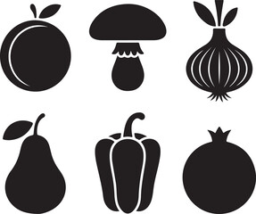 Set of black and white fruit and vegetable icons illustration