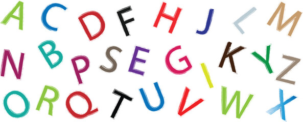 letters, hand drawn alphabet made in vector.  Colorful newspaper alphabet isolated on white background. Anonymous color criminal letters cut from newspapers and magazines.