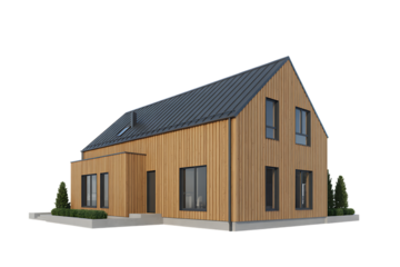 Modern wooden house with gray roof and black windows on concrete base isolated on a transparent background