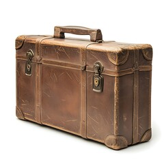 An antique leather suitcase with a handle and metal locks on display