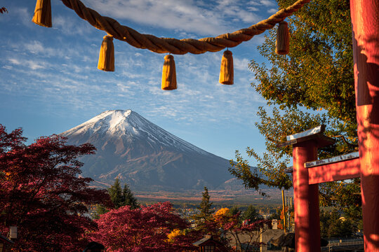 Mount Fuji volcano and red maple leaves during autumn in Japan
