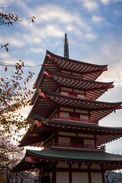 Chureito Pagoda in autumn with changing momiji leaves