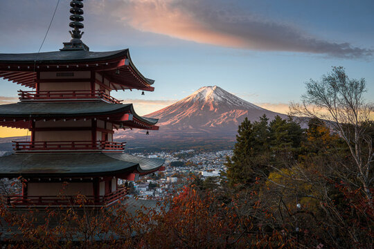 Chureito Pagoda and Mount Fuji during autumn sunset in Japan