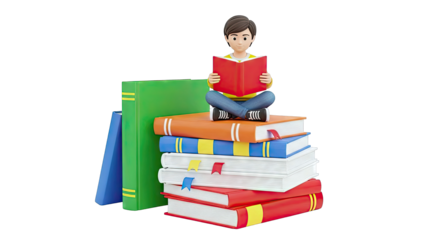 Cartoon boy reading a book while sitting on a stack of books